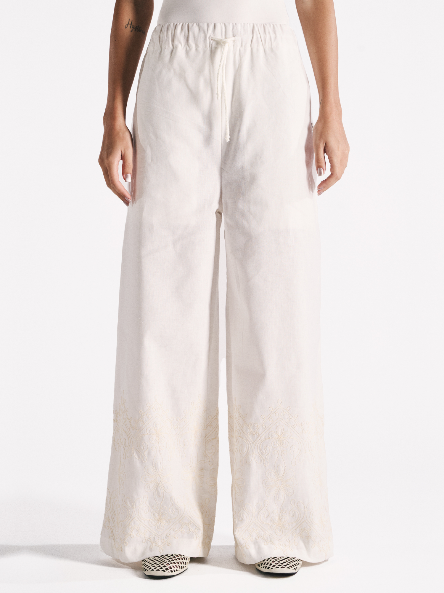 PANTALONE WIDE LEG LINO COTONE BURRO CON RICAMO
