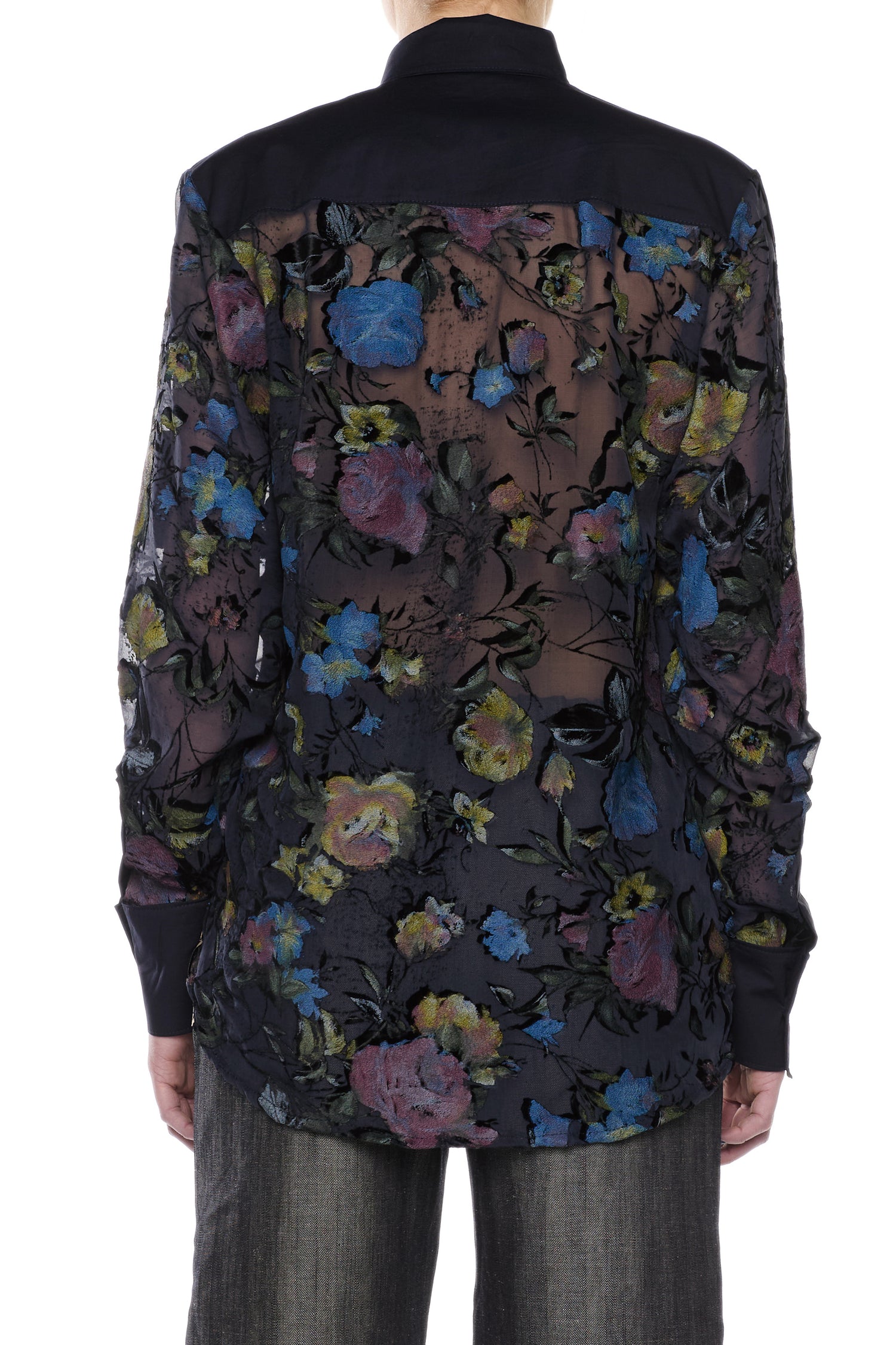 CAMICIA IN VELLUTO DEVORÉ DI SETA BLU E COTONE