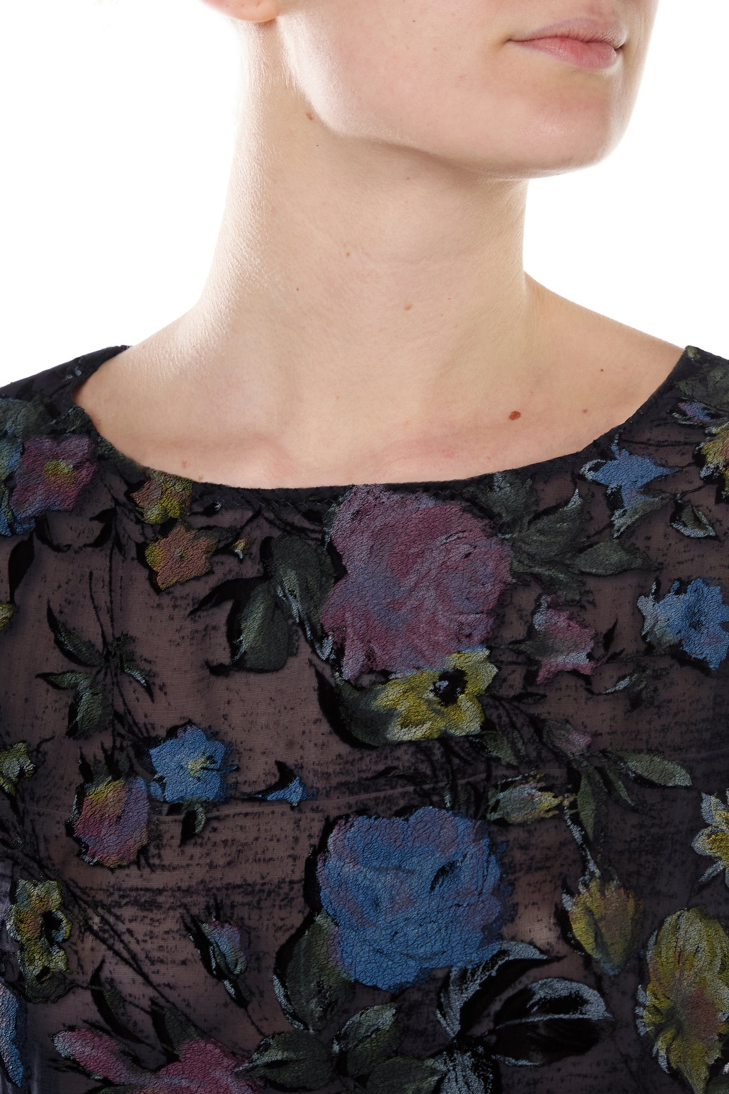MAGLIA A MANICHE LUNGHE IN VELLUTO DEVORÉ DI SETA BLU