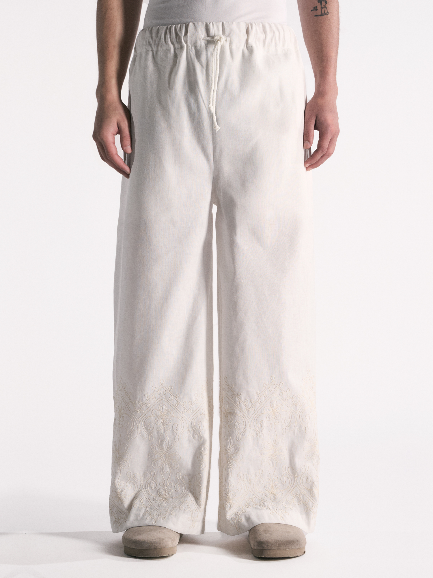 PANTALONE WIDE LEG LINO COTONE BURRO CON RICAMO